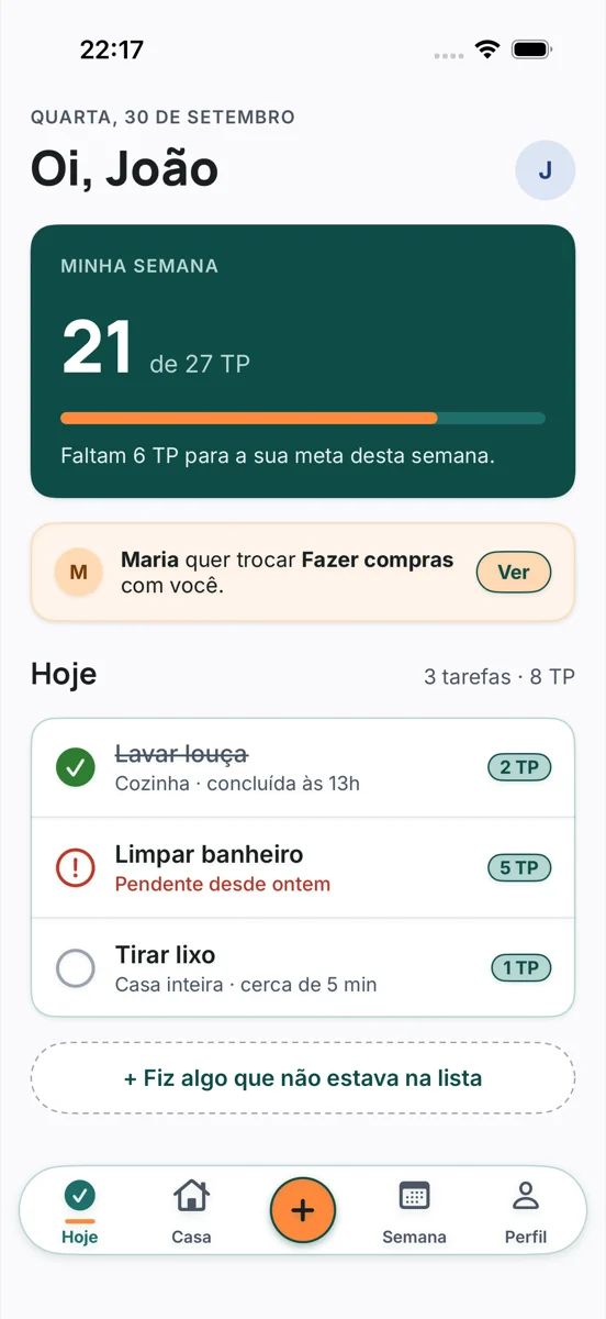 A tela Hoje do TESC: João fez 21 de 27 TP da meta da semana, Maria pede uma troca, e a lista do dia tem lavar louça, limpar banheiro e tirar lixo, cada uma com seu valor em TP