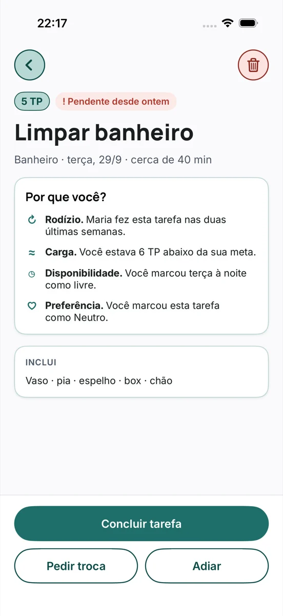 A tarefa Limpar banheiro, de 5 TP, com os motivos: rodízio, carga abaixo da meta, disponibilidade na terça à noite e preferência neutra