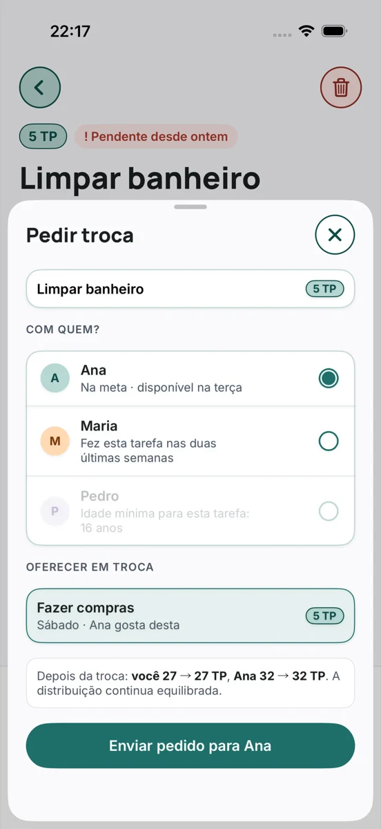 O pedido de troca de Limpar banheiro: Ana disponível, Pedro sem a idade mínima, e o resultado da troca para os dois